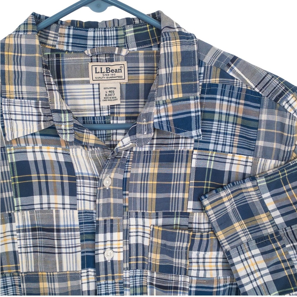L.L. Bean Button Up Shirt Mens L Blue Patchwork Madras Short Sleeve Cotton OJAT7